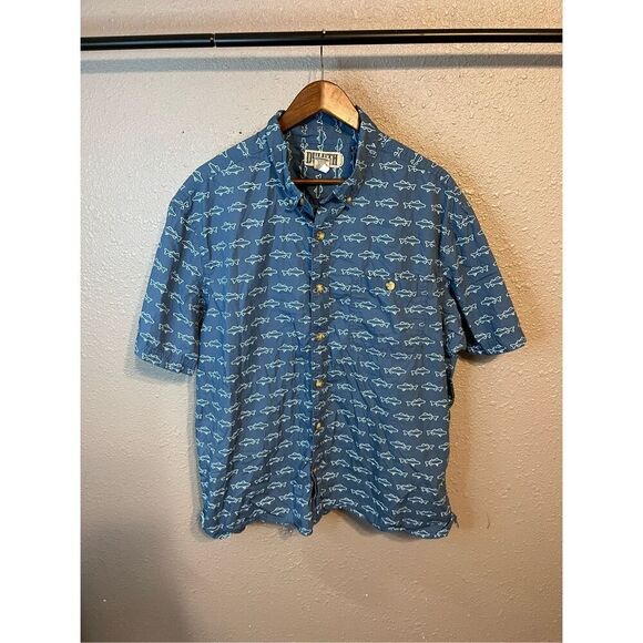 Duluth Trading Relaxed Fit Shirt Mens XL Blue Fish Short Sleeve Button Up - Picture 1 of 2